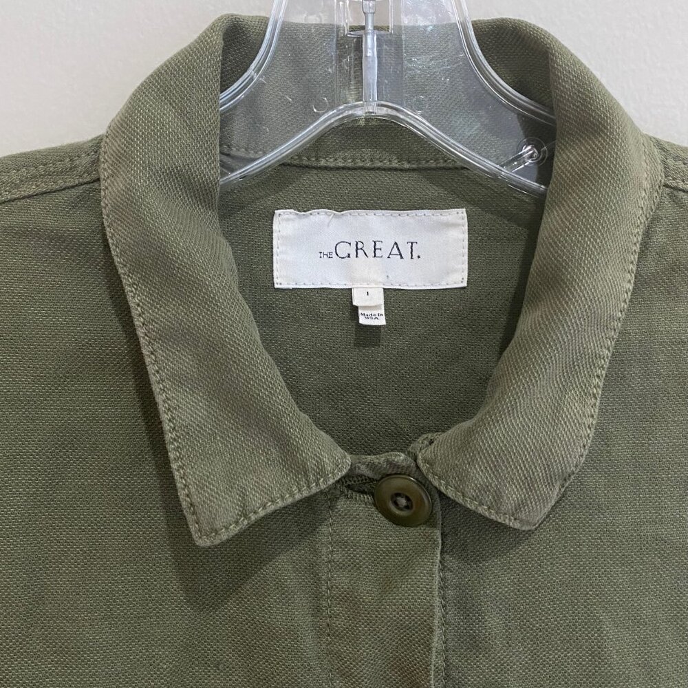 The Great Flutter Army Jacket Linen Cotton Ruffle Peplum Hem Green Sz 1 / S - Picture 4 of 13
